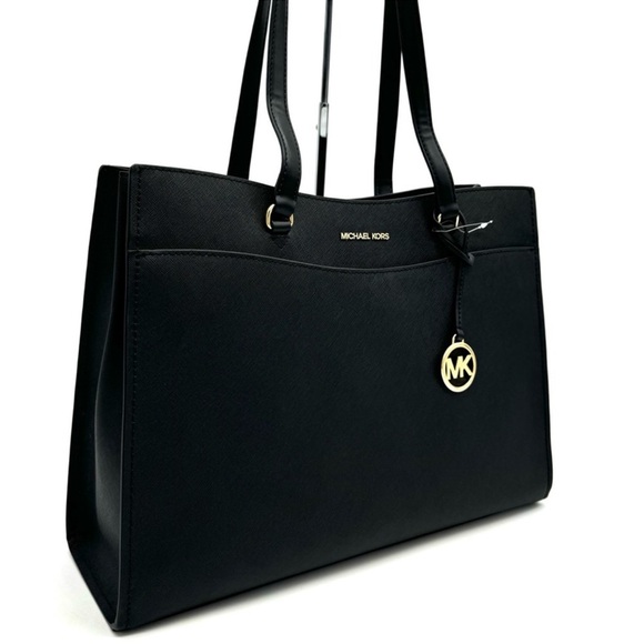 Michael Kors Large MF Pocket Shoulder Tote Bag Black/Gold - Picture 1 of 13